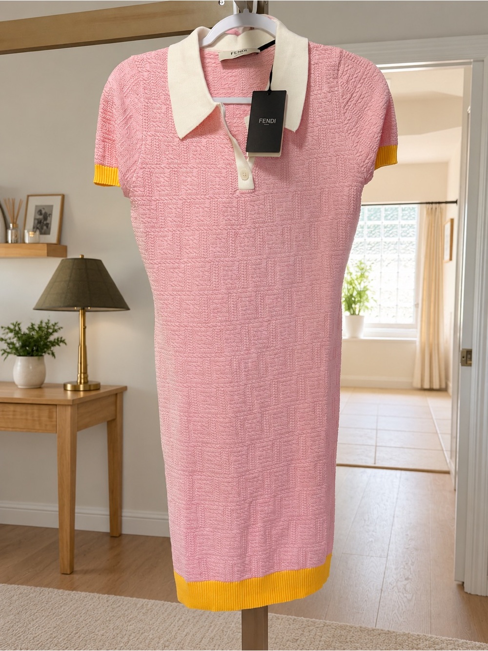 Fendi Pink Knit Polo Midi Dress with Yellow Trim